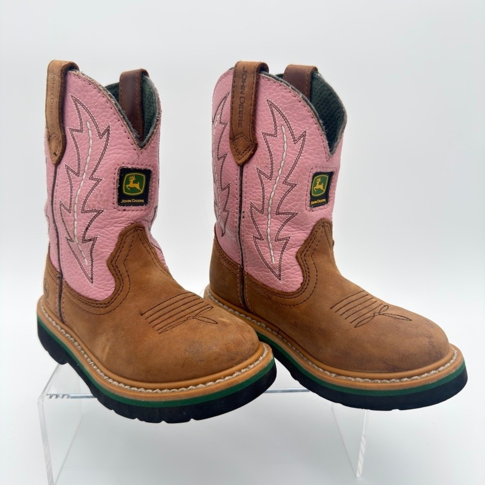 John Deere JD2185 Boys 11M Pink Brown Leather Western Cowboy Boots
